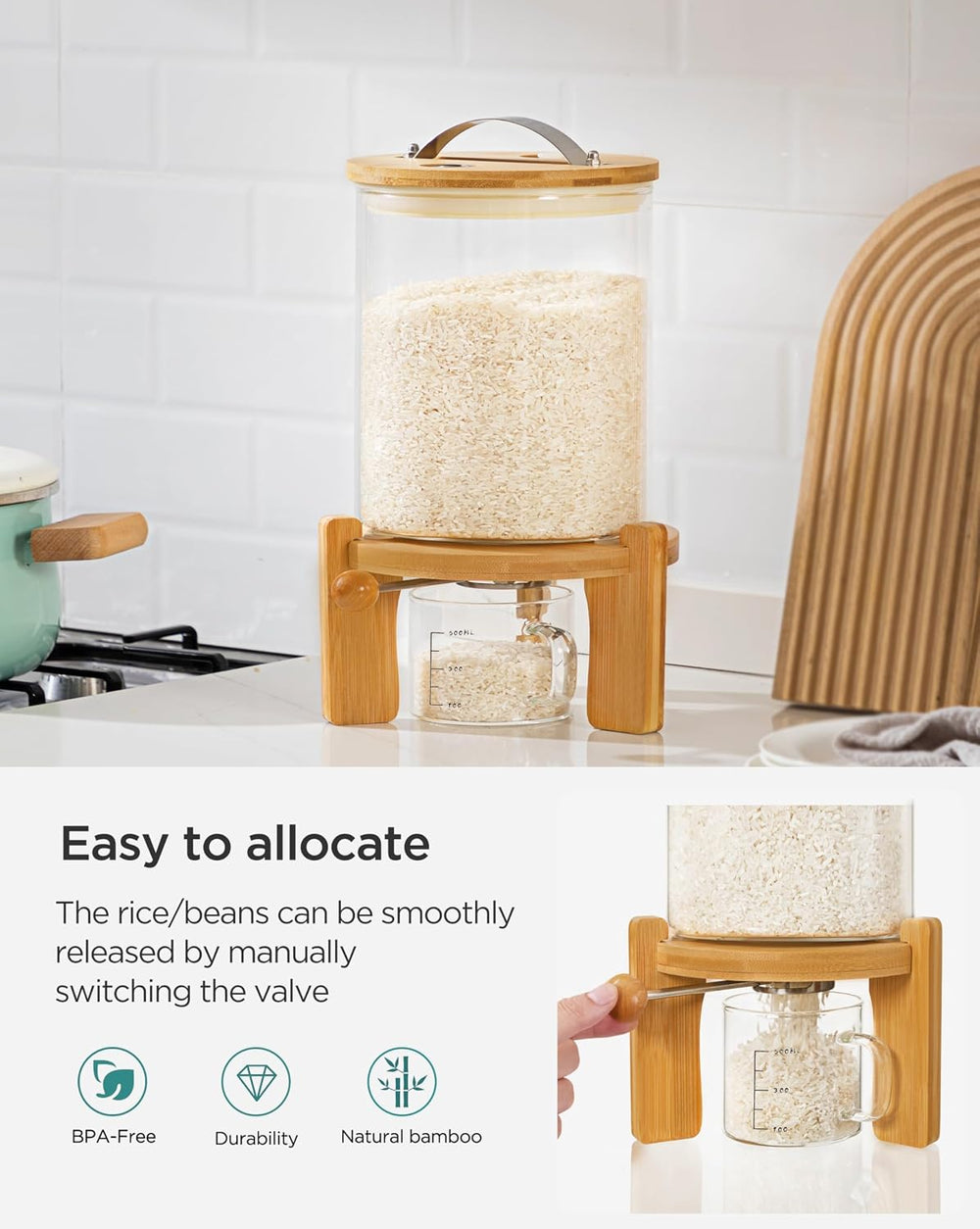 HBlife 5-7 Lbs Glass Rice Dispenser with Wooden Stand Flour and Cereal Contai...
