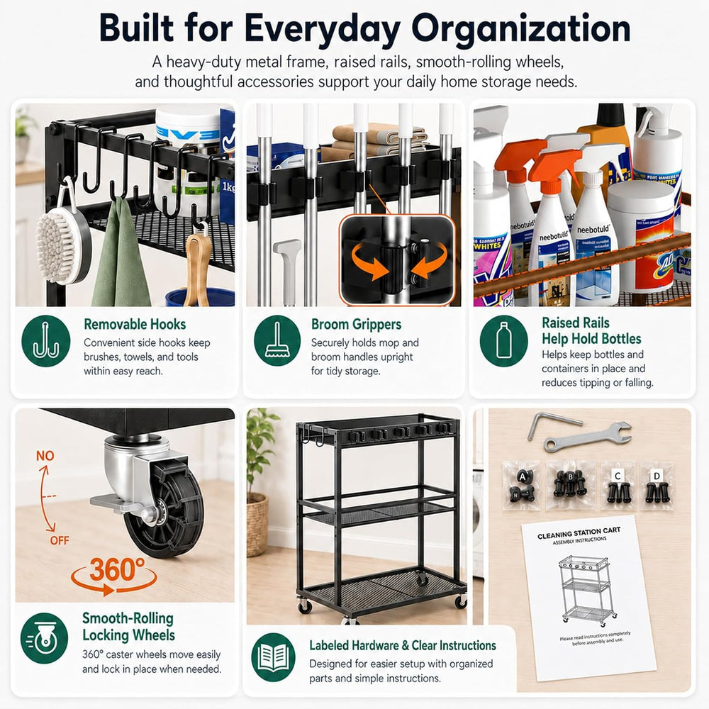 Cleaning Supplies Organizer Cart with Wheels, Broom and Mop Holder with 5 Gri...