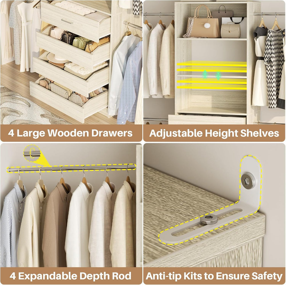 Aheaplus Closet System,4-9Ft Closet Organizer with 4 Wood Drawers,White Oak