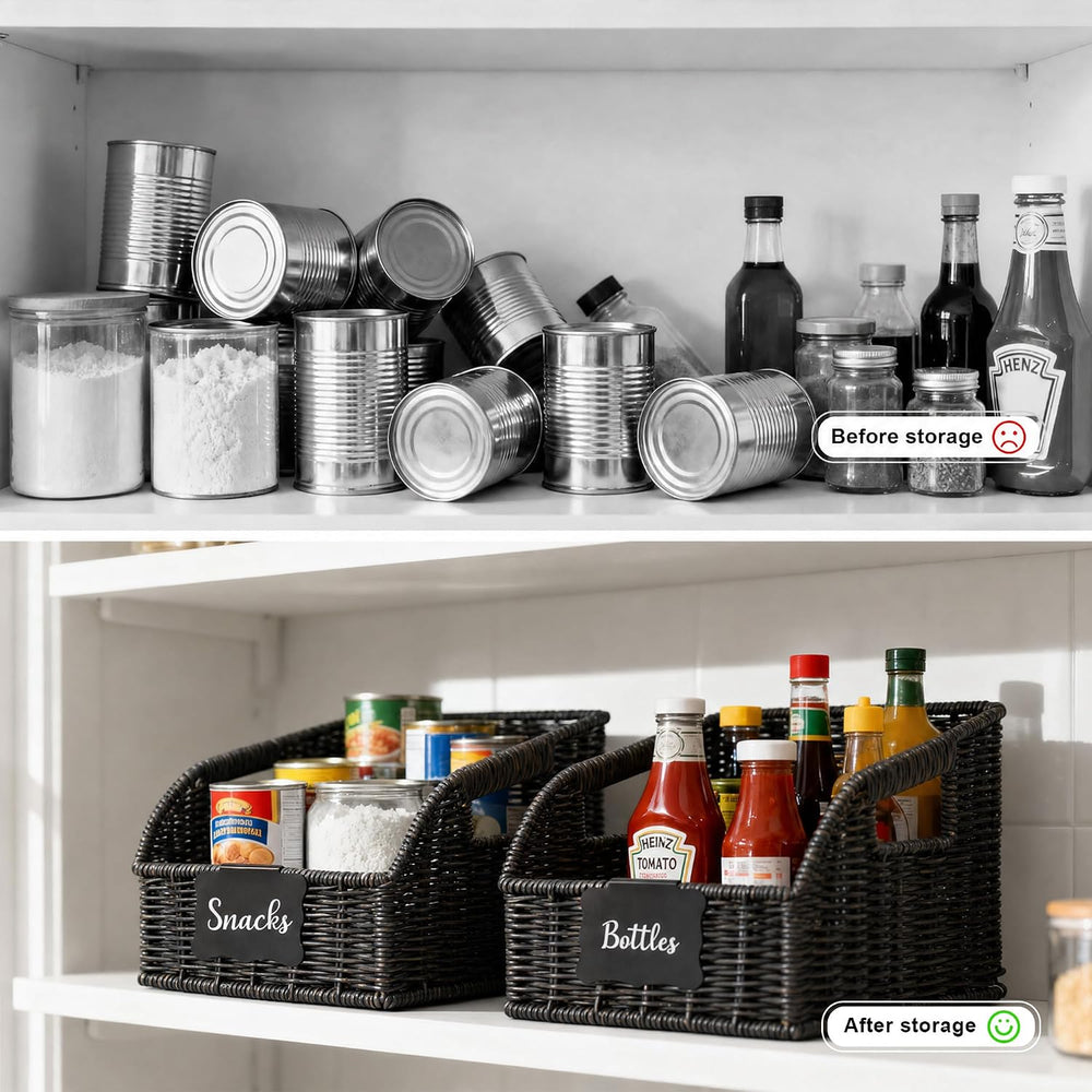 Brownlily Faux Wicker Pantry Storage Baskets, Black-Single Set (3-Piece)