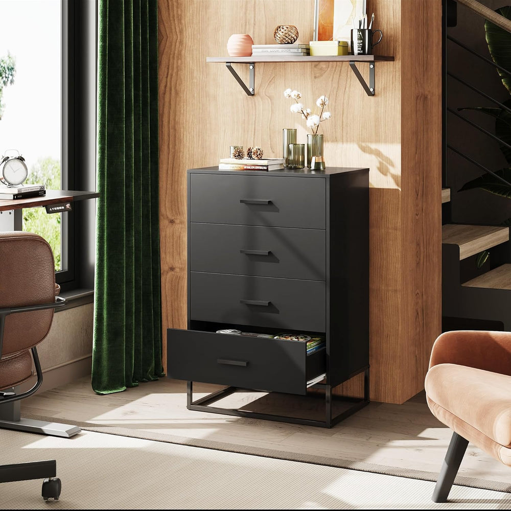 WLIVE Black Dresser for Bedroom with 4 Drawers, Tall Dresser with Sturdy Meta...