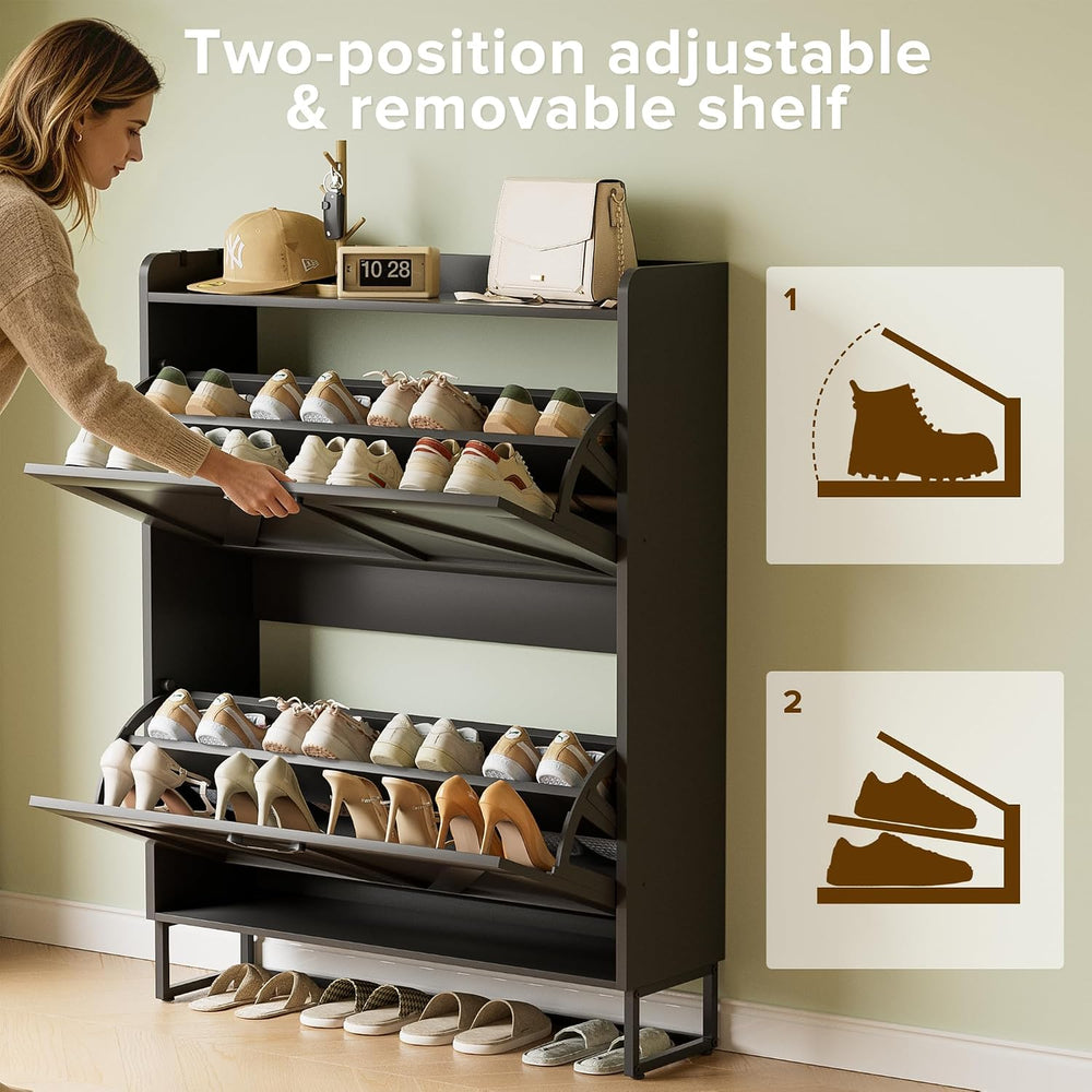 Urban Deco Shoe Cabinet with 2 Flip Drawers, Slim Shoe Storage for Entryway