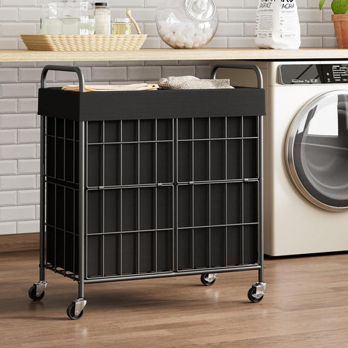 100l 2-section laundry hamper with wheels, laundry basket shown in use