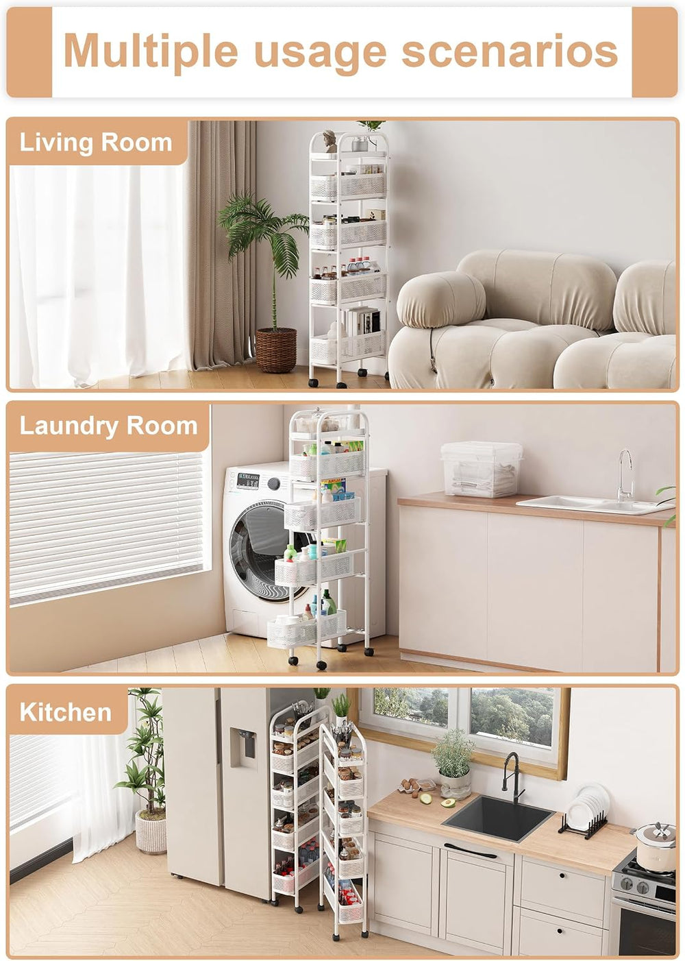 UMDONX 5-Tier Narrow Mobile Storage Cart with Pull-Out Baskets