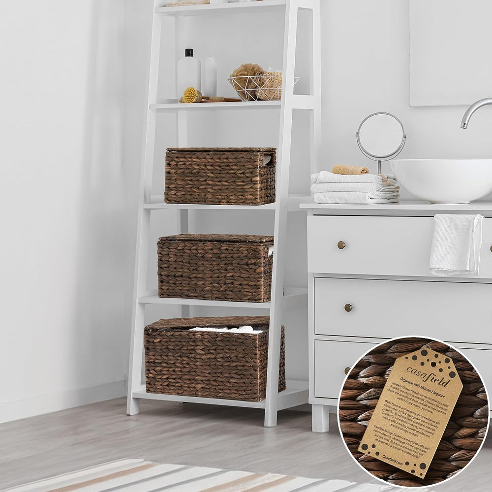 Casafield Set of 3 Water Hyacinth Storage Baskets with Lids, Espresso - Small...