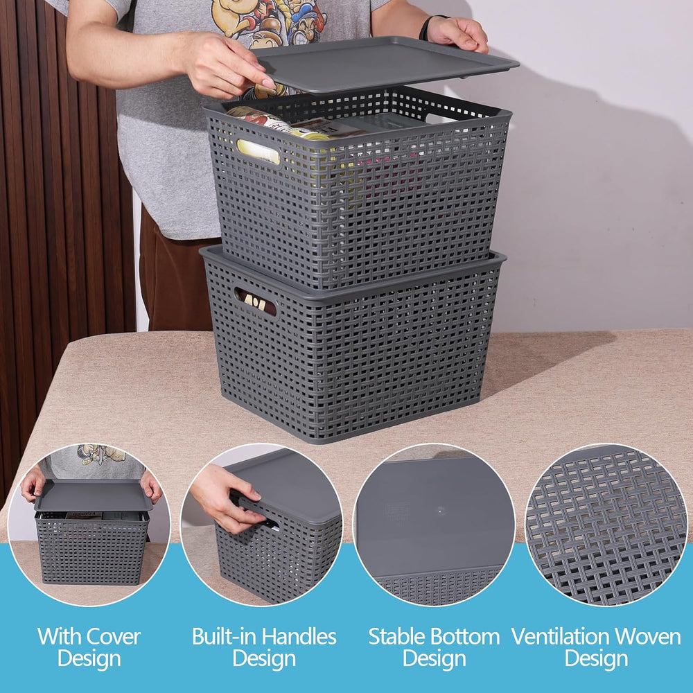 6-Pack Large Plastic Storage Baskets with Lid, Stackable Bins