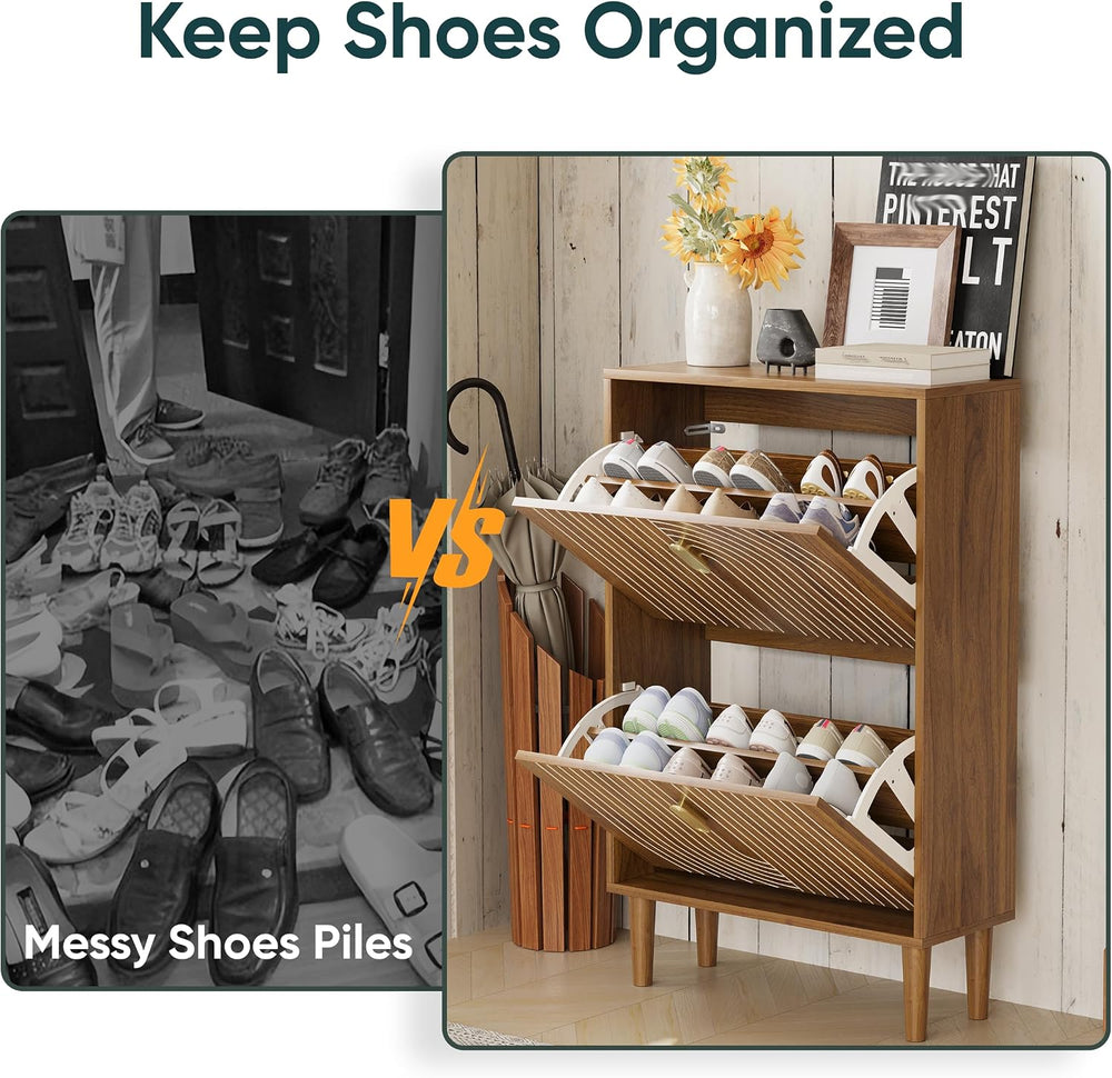 Shoe Storage Cabinet with 2 Flip Drawers, 23.6"(W) Freestanding Shoe Org...