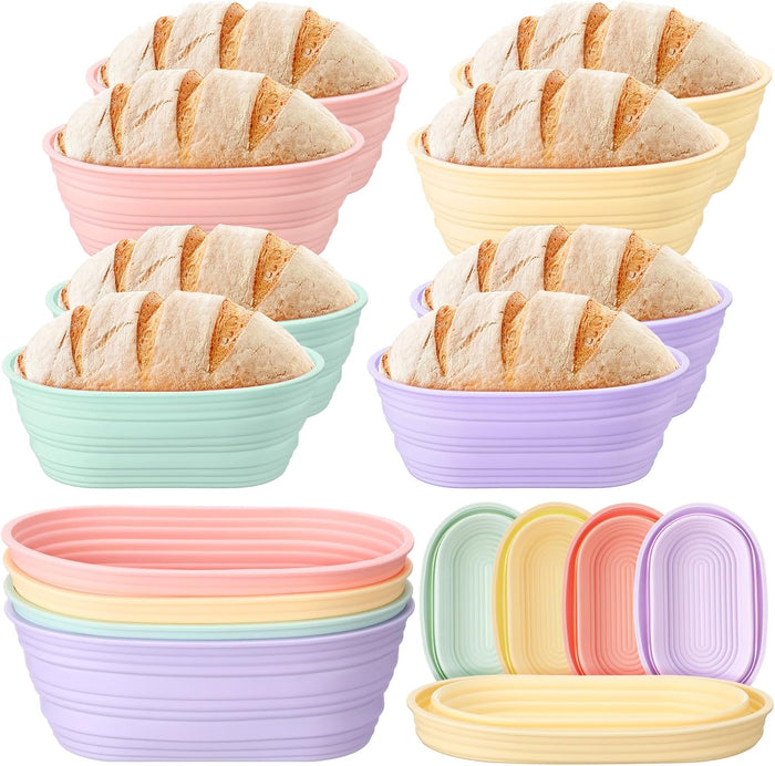 Honeydak 8 Pcs Silicone Bread Proofing Baskets Oval Banneton Basket 10 Inch Collapsible Sourdough Bread Baking Supplies Non-stick Dough Proofing Bowls Containers Oven Safe for Breads Making