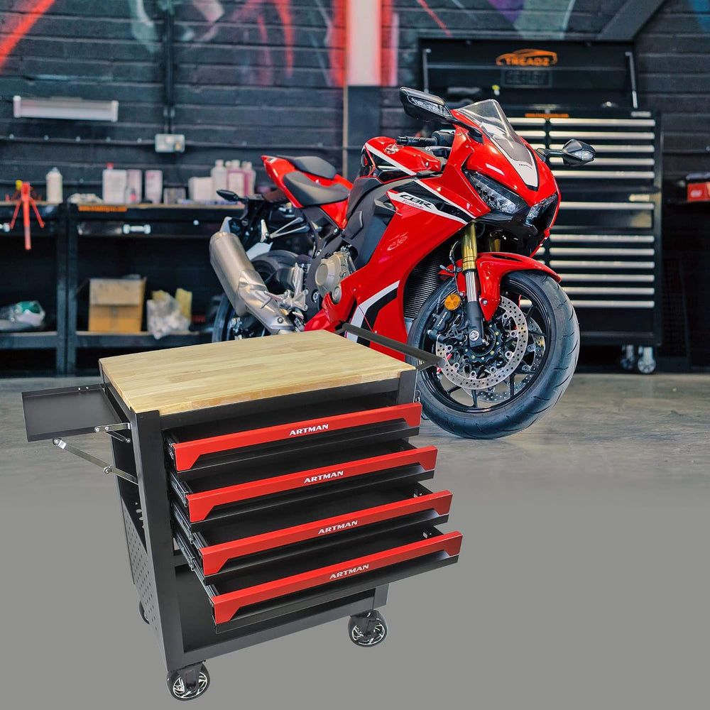 Lockable 4-Drawer Rolling Tool Chest with Wooden Top Workbench