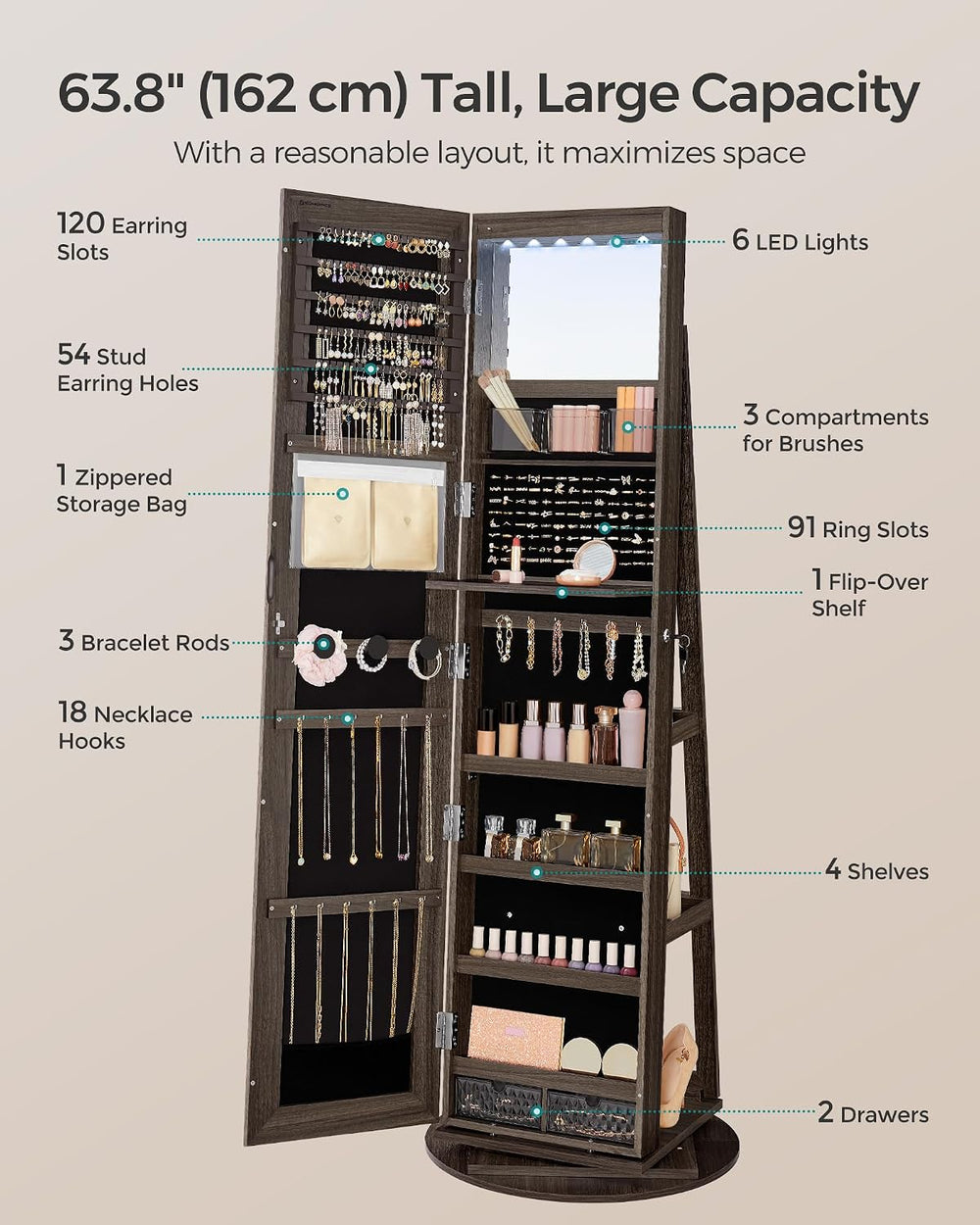 SONGMICS 6 LEDs Mirror Jewelry Cabinet Organizer, 360° Swivel, Lockable