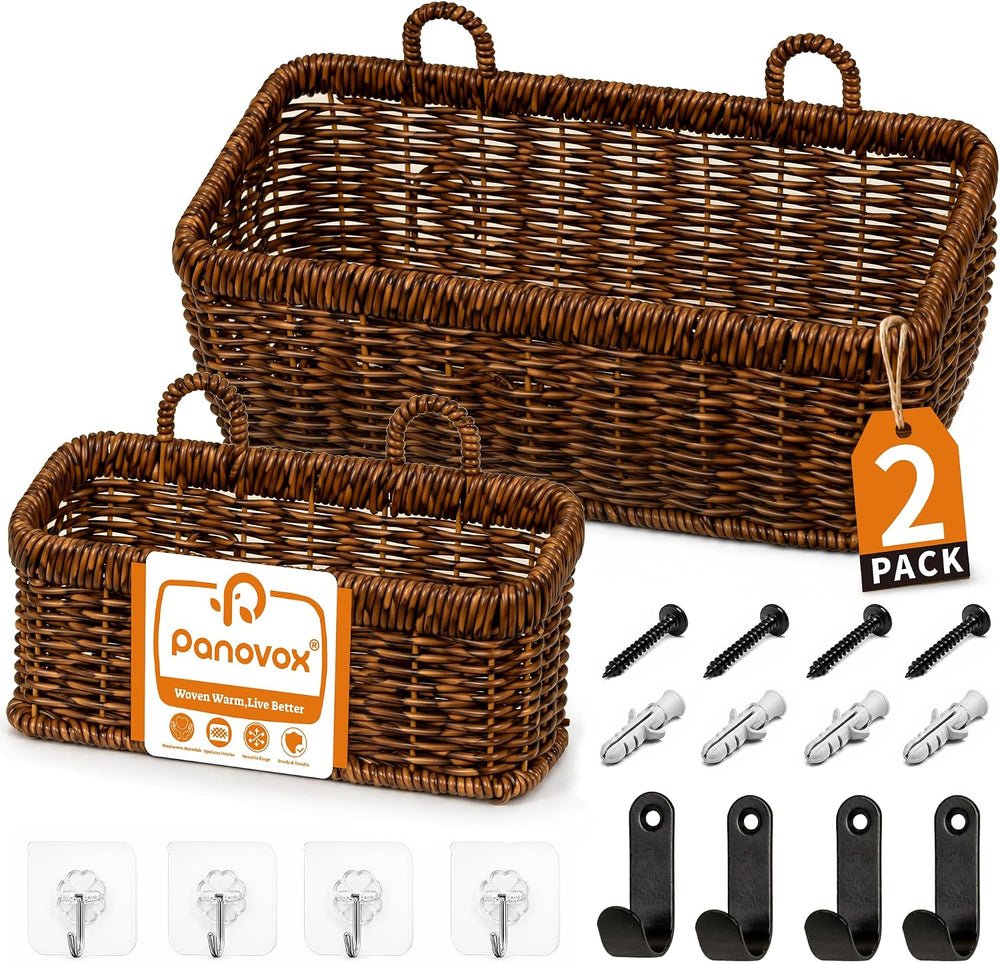 Wall Hanging Baskets, 2 Pack Woven Wicker Baskets with Hooks, Brown