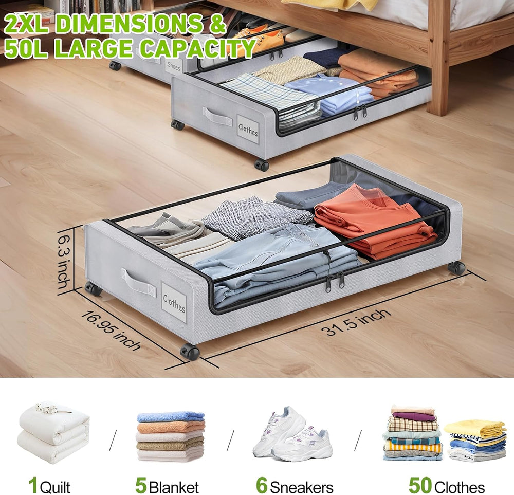 Under Bed Storage with Wheels, 2 Pack Under bed Storage Containers with Clear...