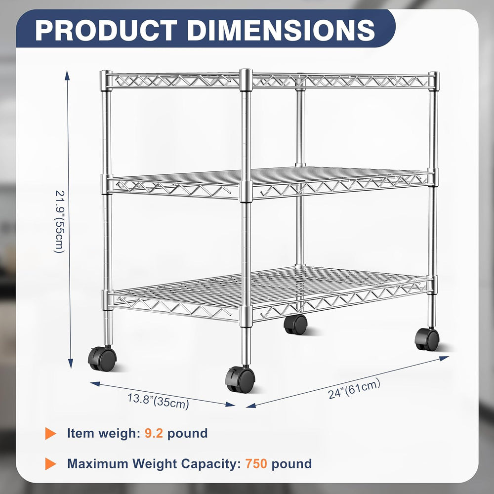 3-Tier Wire Shelf Rack,Kitchen Metal 3-Shelves Rack with Lockable Wheels