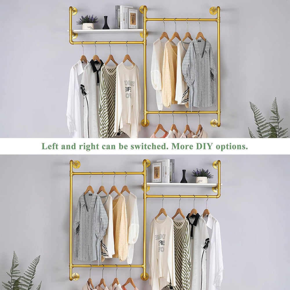 Industrial Pipe Clothing Rack, Wall Mounted Heavy Duty Garment Rack with Wood...