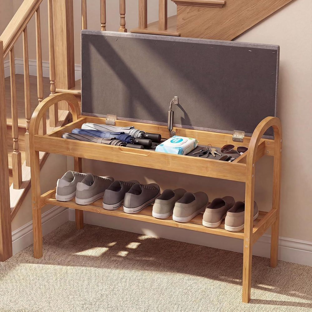 GOFLAME Bamboo Shoe Rack Bench with Storage, 2-Tier Entryway Bench with Flip ...