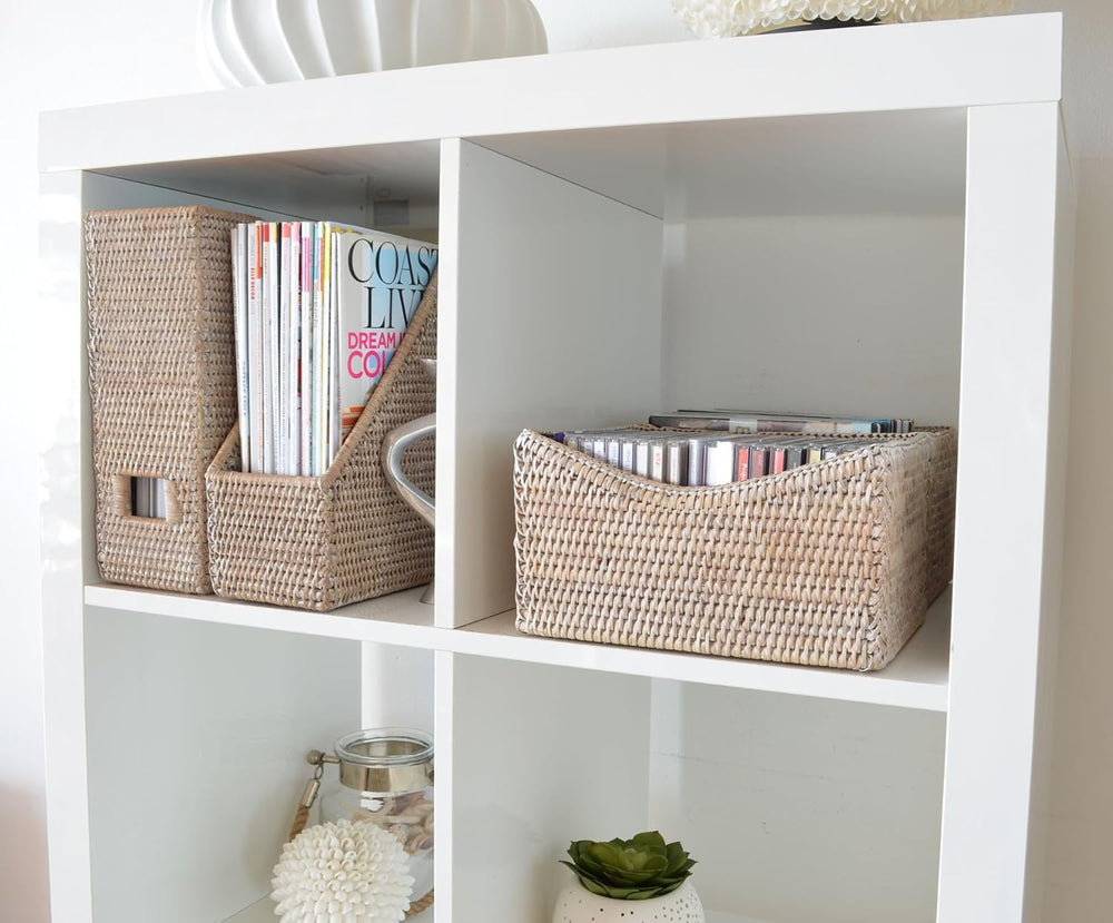 KOUBOO La Jolla Rattan Shelf Basket, Scalloped Organizer, White Wash