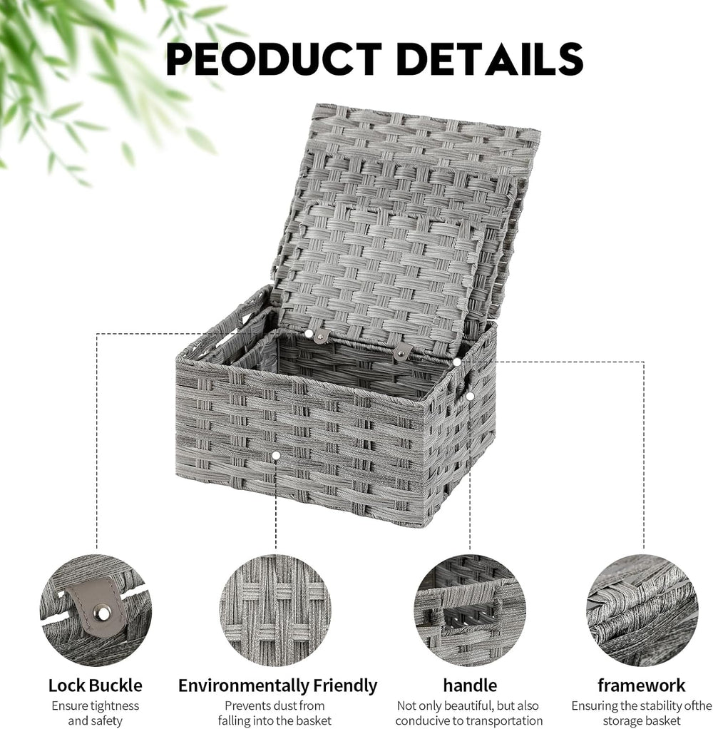 YMhoart Woven Storage Bins With Lids Shelf Baskets Wicker Organizing Rattan B...