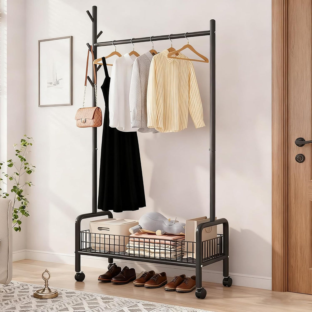 MYUPDALIN Rolling Metal Clothes Rack with Shelves & Storage Basket, Black