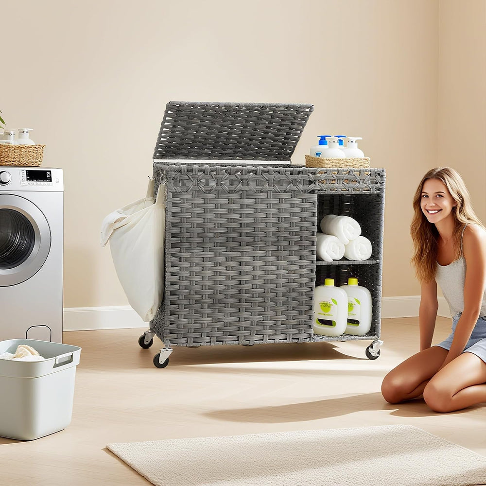 Laundry Hamper with Lid, 160L Rattan Wicker Laundry Basket with Wheels, Handw...