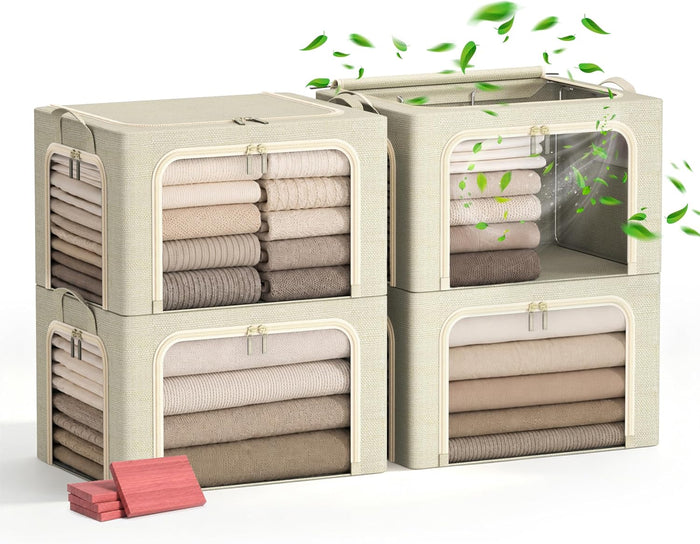 Furnhome 3-Side Access Clothes Storage Bins with Metal Frame, Foldable Fabric Storage Boxes with Cedar Block,Clear Windows, Zipper Lids and Reinforced Handles for Closet and Sweaters,4Pack, 40L, Beige