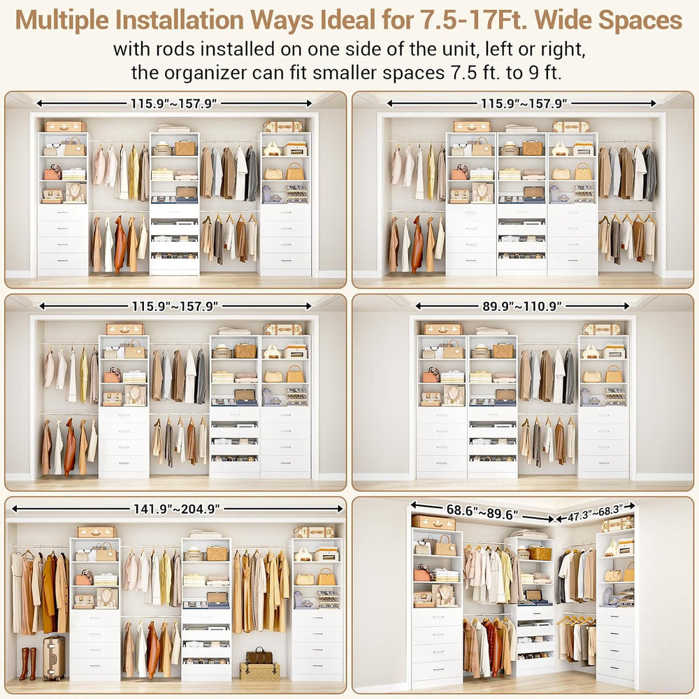 Aheaplus Closet System with 12 Drawers, 8.5-11.5Ft Wood Closet Organizer