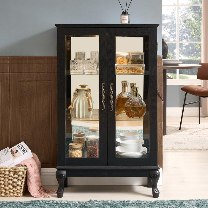 43" H Lighted Wooden Curio Cabinet, Freestanding Glass Display Case with Tempered Glass Door, Adjustable Shelves and Mirrored Back Panel, Decorative Storage Cabinet for Living Room (Black)