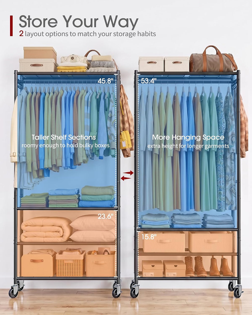 Sakugi Rolling Clothes Rack with Adjustable Shelves, 33"x12.5"x79.5...