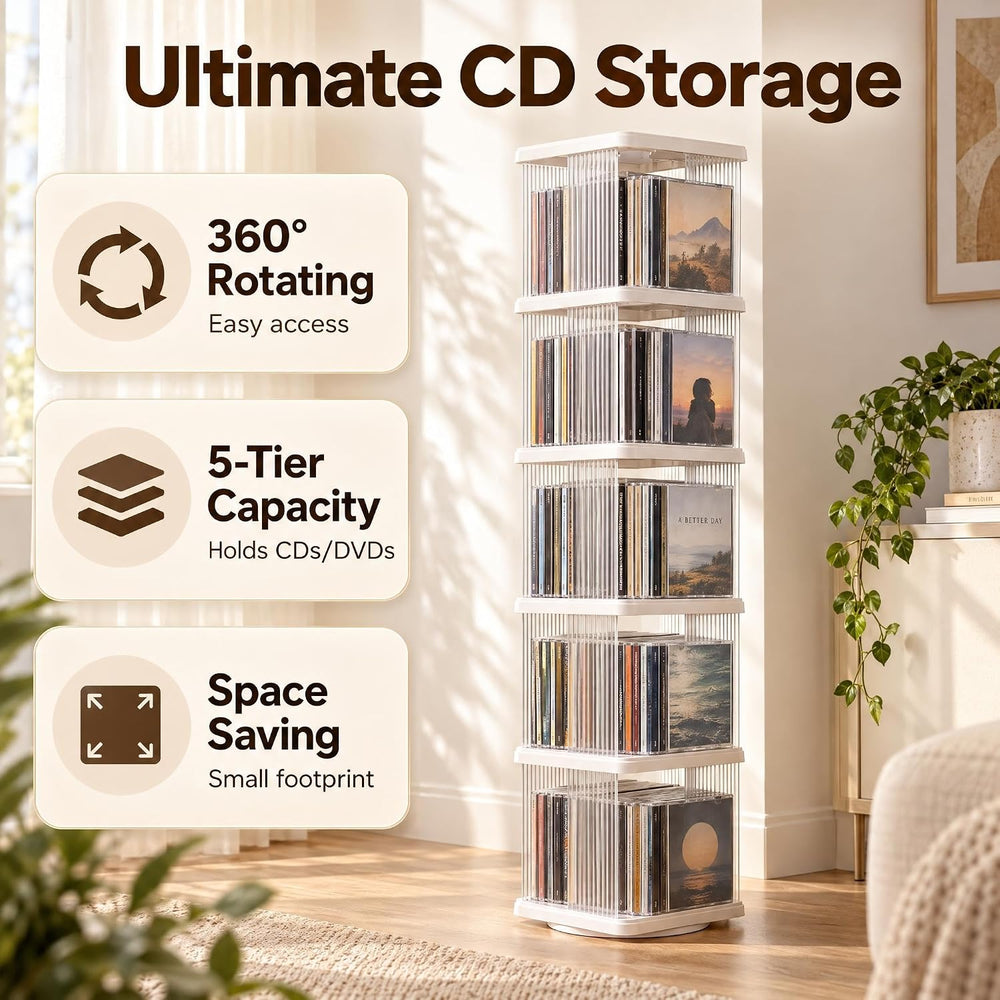 Heavy Duty 5-Tier Rotating Media Tower Rack for CDs DVDs Books