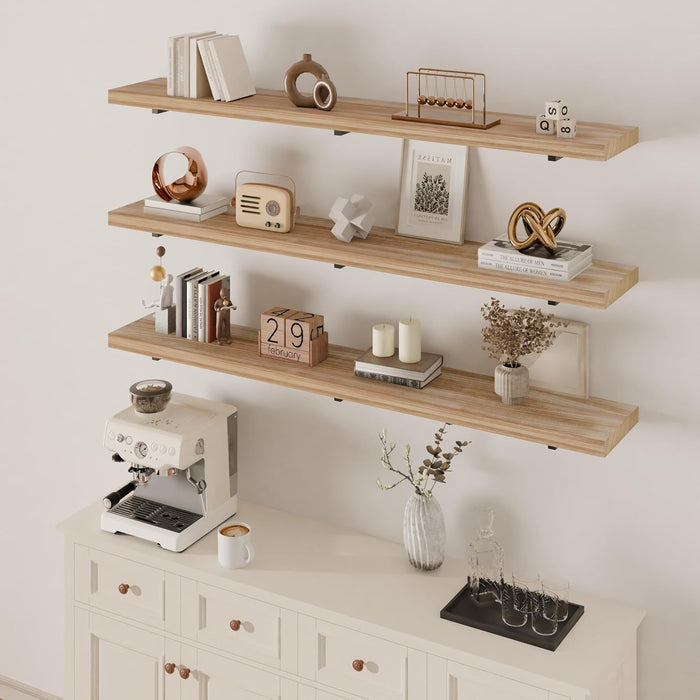 Long Wall Shelves 60 inch,Long Floating Shelf Set of 3, Large Wall Mounted Shelves with Metal Brackets, Farmhouse Bookshelf for Bedroom, Living Room and Bathroom