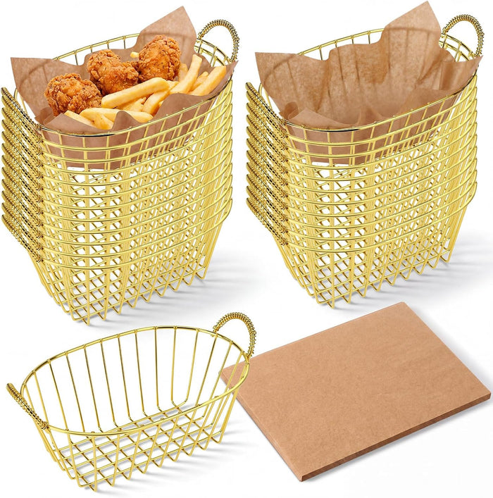 24 Pack Gold Metal Wire Fast Food Baskets Bulk with 100 Food Blotting Sheet