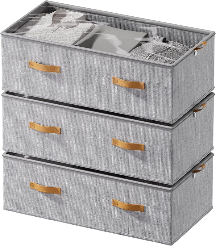 10inch 3 Pack Under Bed Storage Containers, 10 Inch Tall Underbed Clothes Storage Organizer Bin with Clear Window，Foldable Box Basket for Clothes, Closet, Bed Sheets and Blankets Light gray