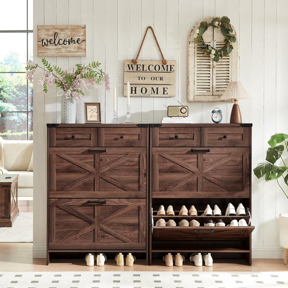 Barnyatoh Farmhouse Shoe Cabinet with 2 Flip Drawers & 2 Storage Drawers