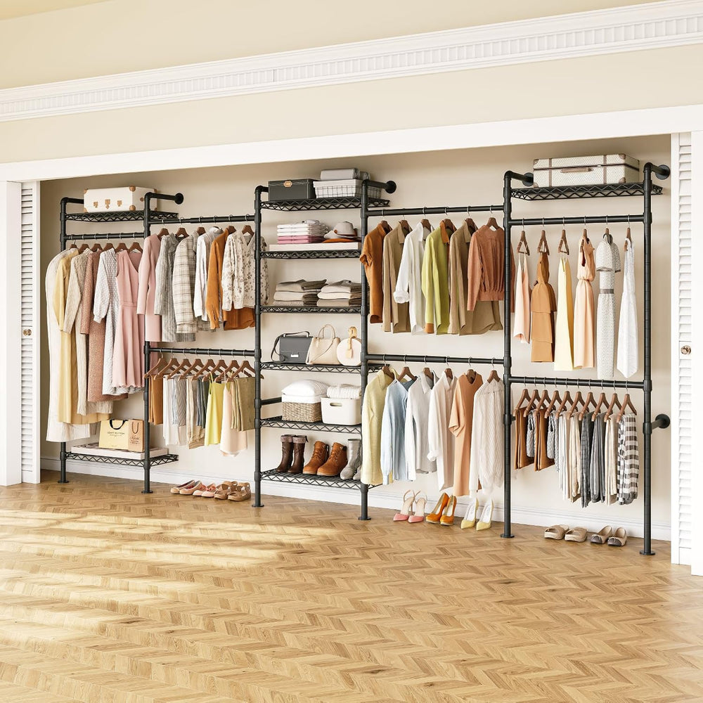 ONBRILL H5 Wall Mounted Closet System, Industrial Pipe Clothes Rack, Black