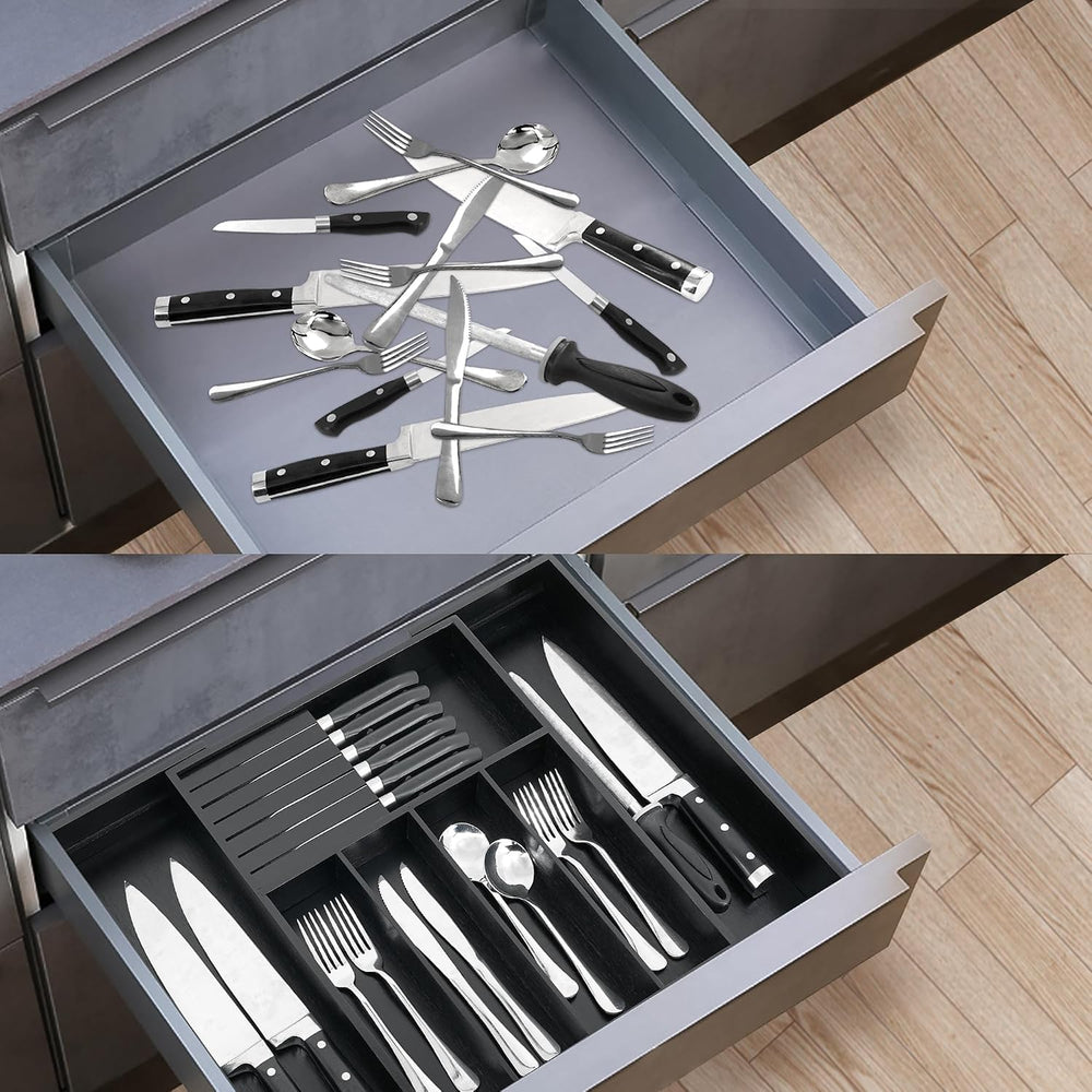 VaeFae Bamboo Silverware Drawer Organizer, 7 Slots, Black