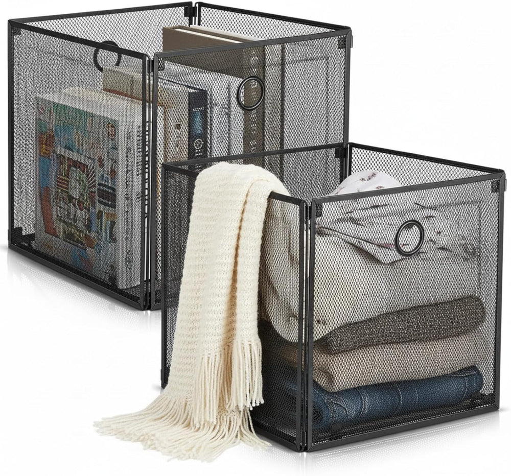 2 Pcs Foldable Metal Cube Storage Baskets, 13x13in, Black