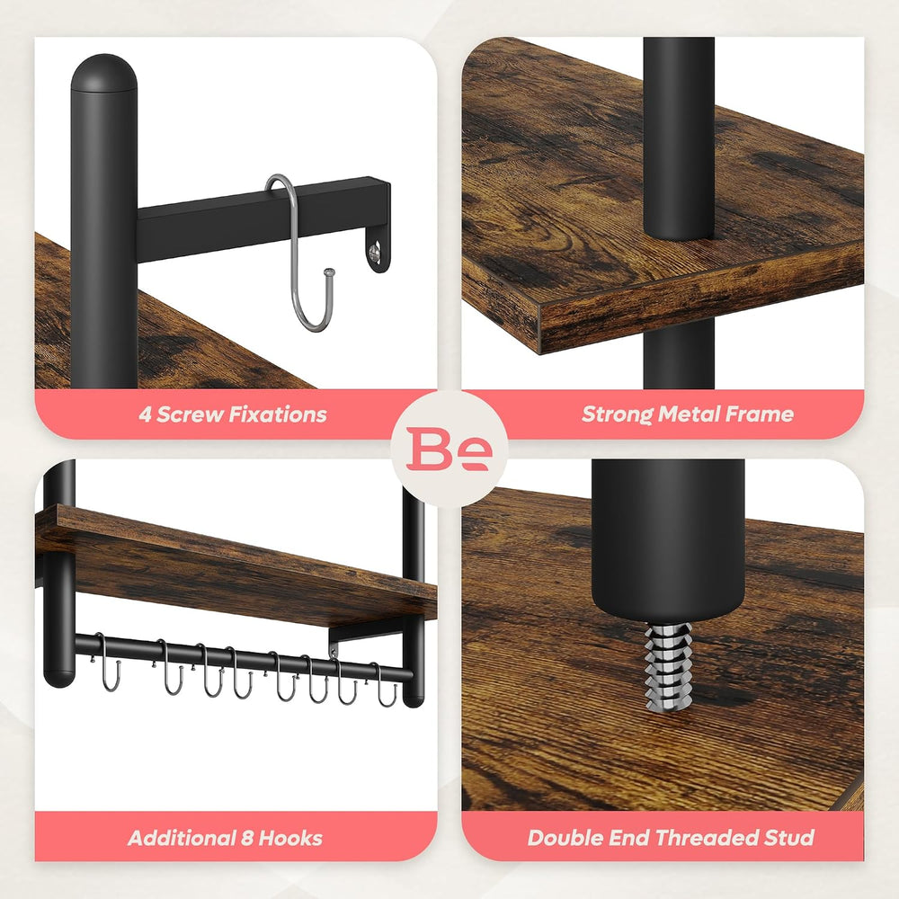 Bestier 24" 2 Tier Industrial Pipe Wall Shelf with 8 Hooks, Rustic Brown