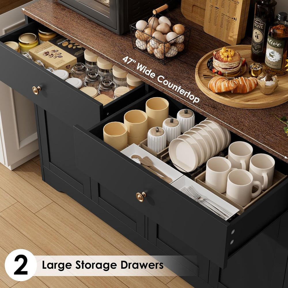 71" LED Kitchen Pantry Cabinet with Power Outlet, Tall Hutch, Black