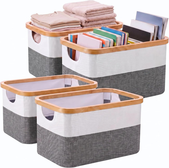Hushee 4 Pack Bamboo Fabric Storage Bins for Shelves, 15"x10"x7.9" Collapsible Storage Baskets for Organizing, Two-Tone Foldable Bins for Clothes, Towels, Linens(White with Grey)