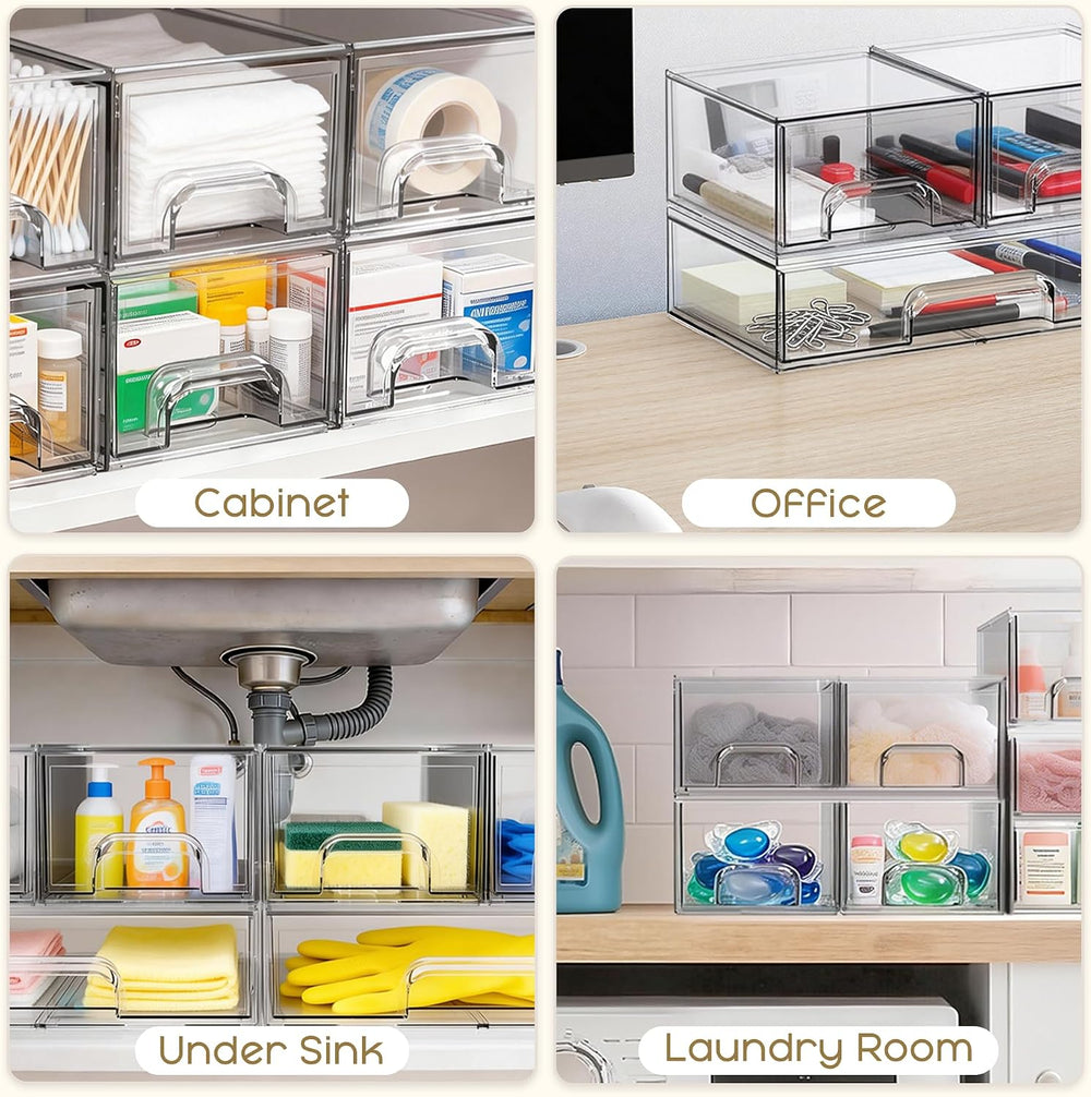Stackable Storage Drawers, 4 Pack Clear Plastic Makeup & Bathroom Organiz...