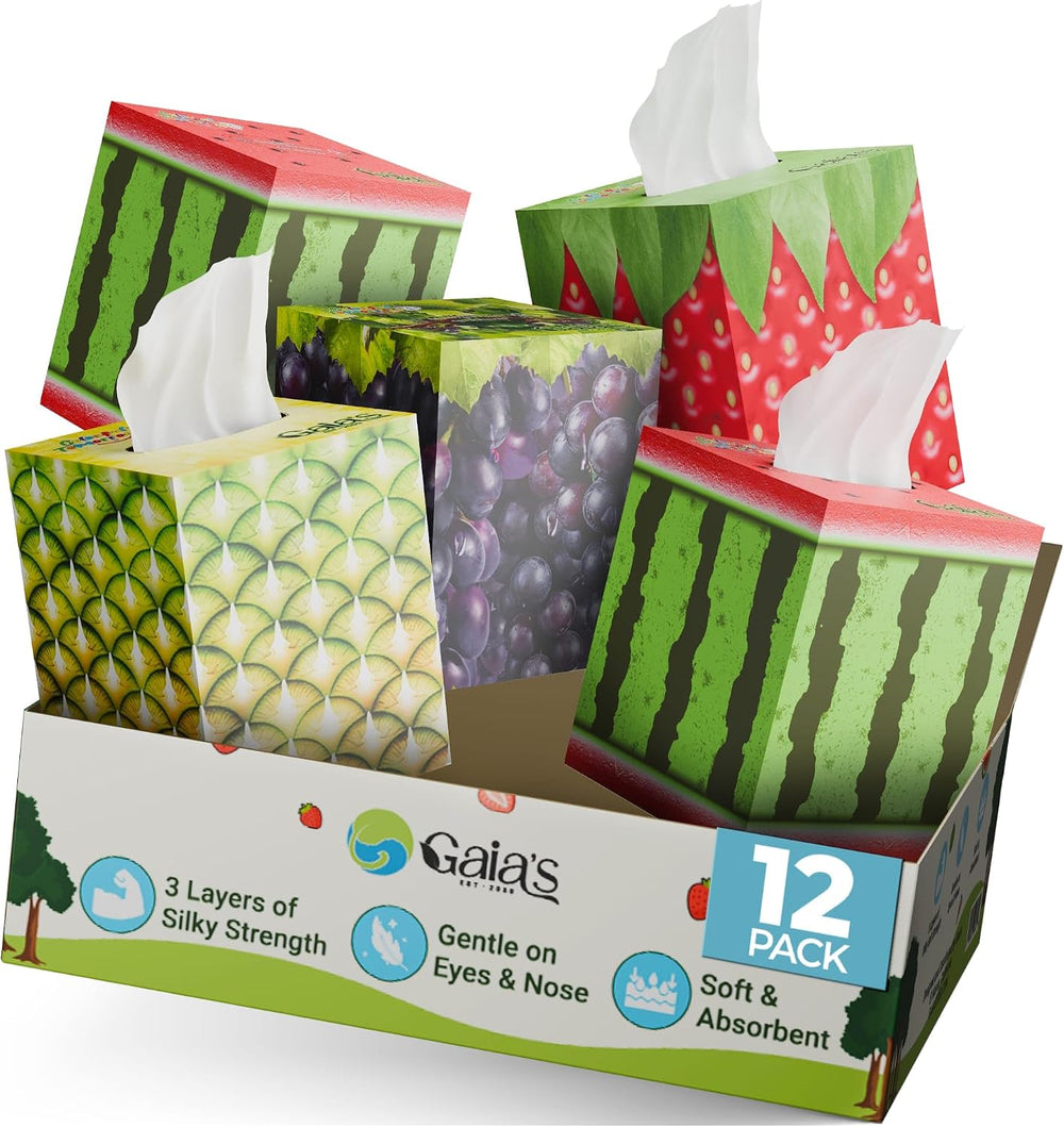 Gaias Premium Bamboo Facial Tissues, 12 fruit boxes, 3 Ply, 80 Sheets/Box - M...