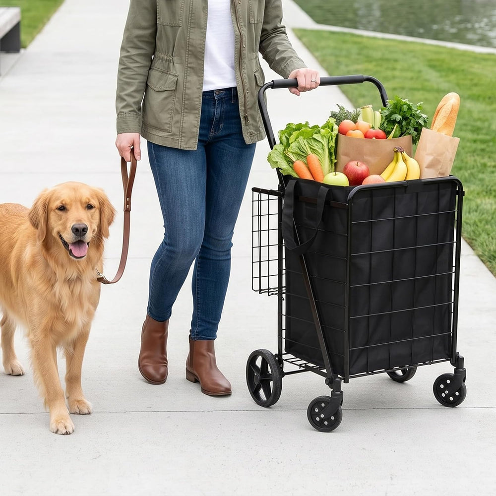 Foldable Shopping Utility Cart Portable Grocery Cart with 360° Whees Double W...