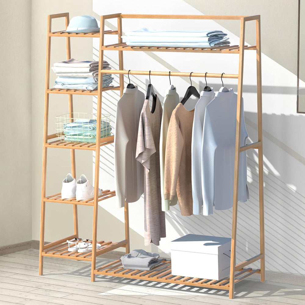 RELIANCER Bamboo Clothing Garment Rack,Free Standing Clothes Coat Hanger,Clos...