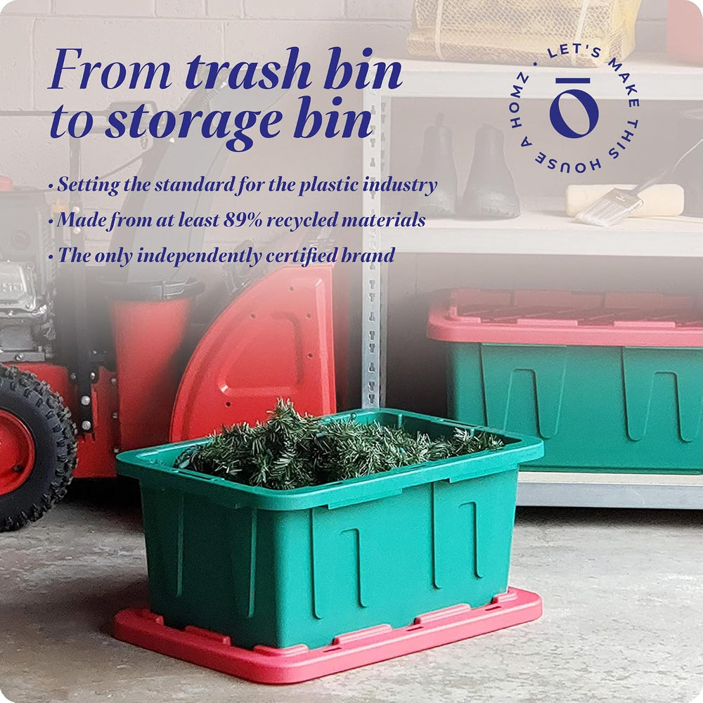 HOMZ Durabilt Plastic Storage Bins with Lids, 15 Gal, Red/Green, 2 Pack