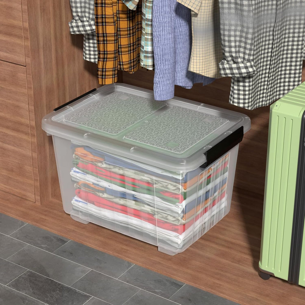 30 L Plastic Storage Bins with Wheels, Clear Latching Box, 4-Pack