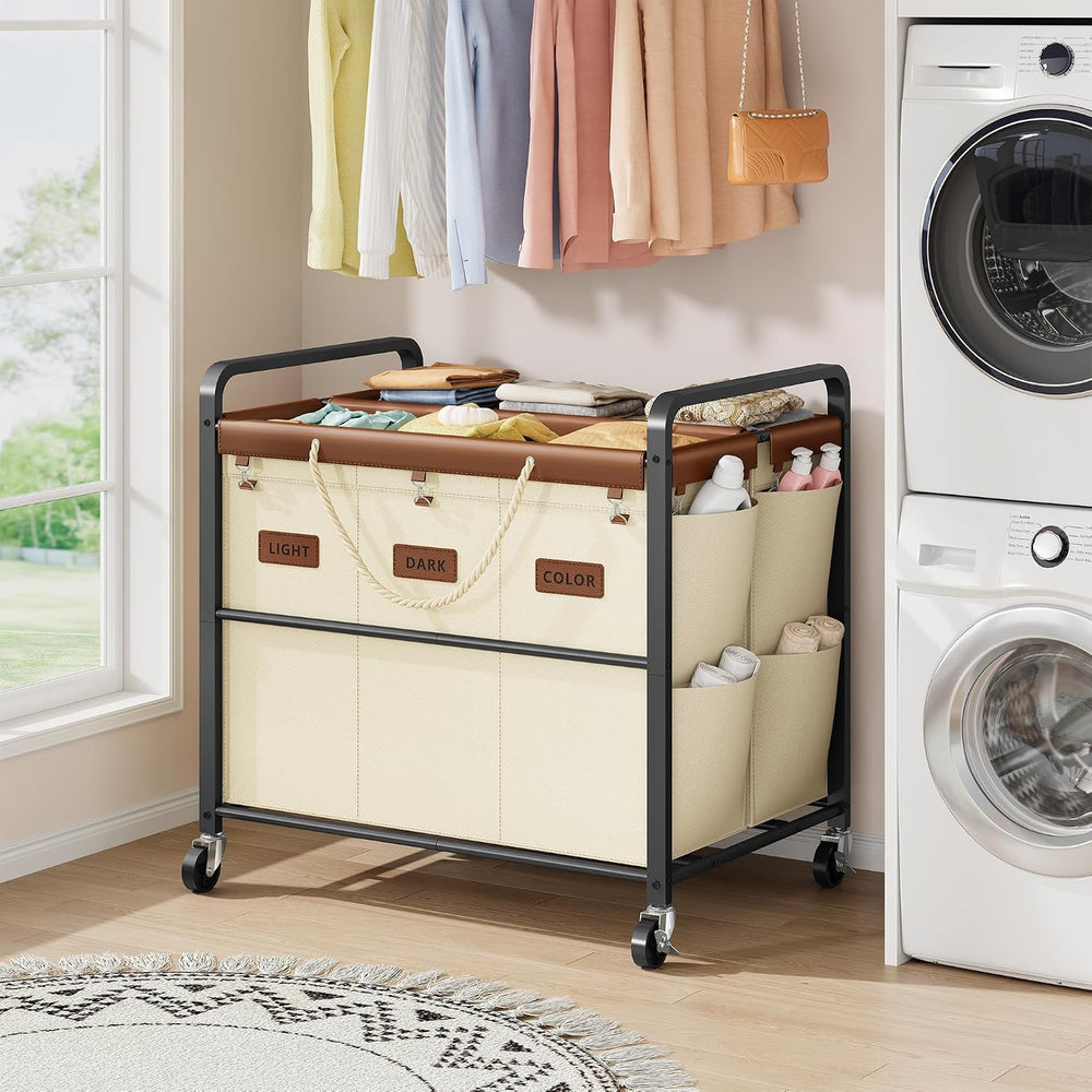 Tajsoon 350L Extra Large Laundry Cart, Laundry Hamper 6 Section, Beige