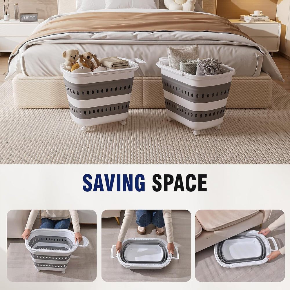 Collapsible Plastic Rolling Laundry Basket Hamper with Wheels, 45L Portable R...
