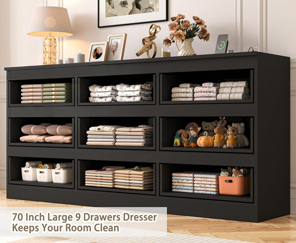 JassmiPkwy 70 INCH 9 Drawers Dresser with Power Outlet, Wide High Gloss Chest...