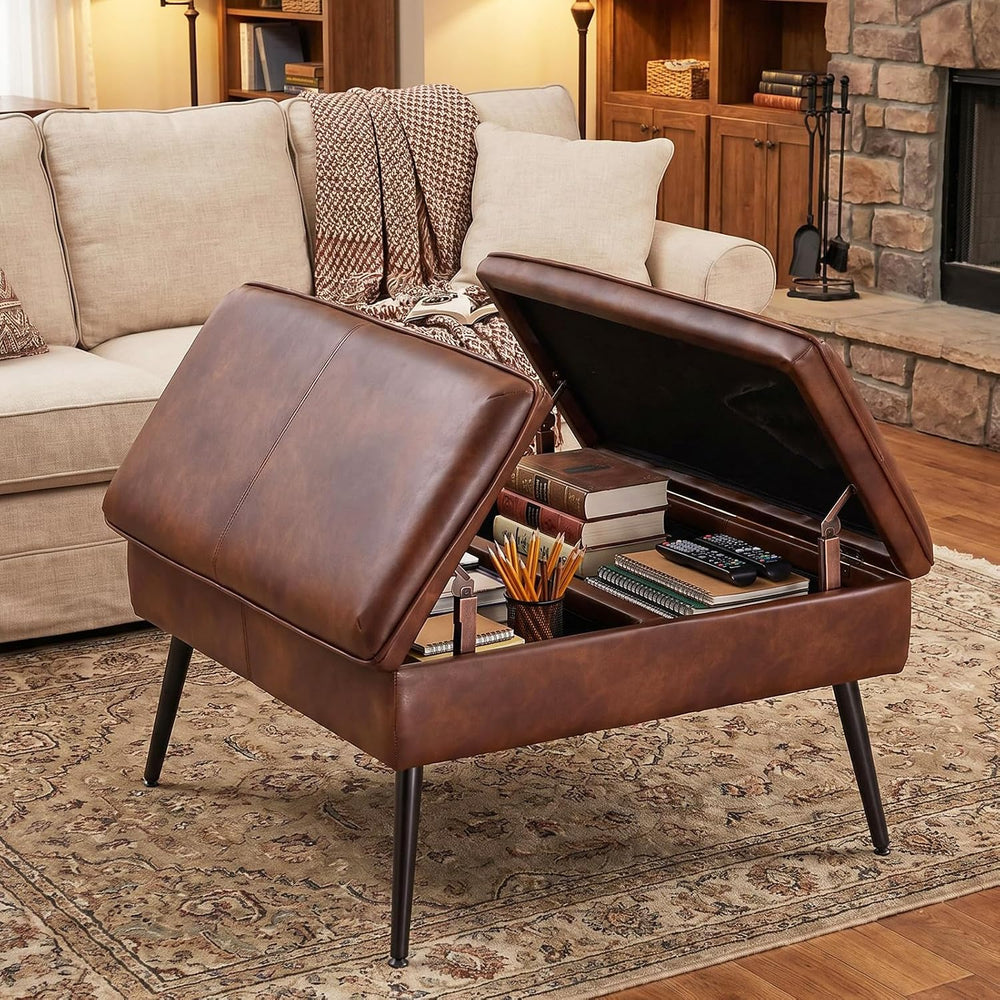 Square Ottoman with Storage Coffee Table Large Upholstered Cognac