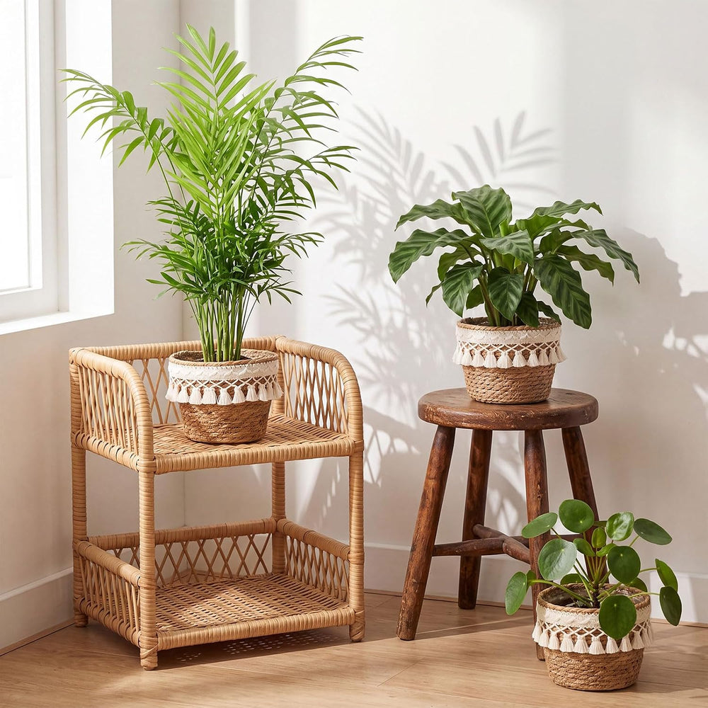 4 Pcs Straw Plant Baskets Indoor Rattan Woven Flower Baskets with Plastic Lin...