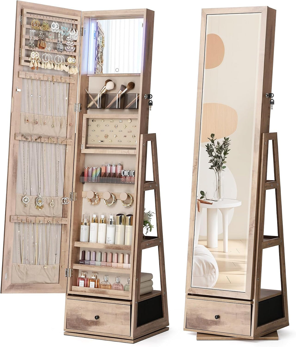 Nicetree 360° Swivel Jewelry Cabinet with Lights, Full Length Mirror, Oak